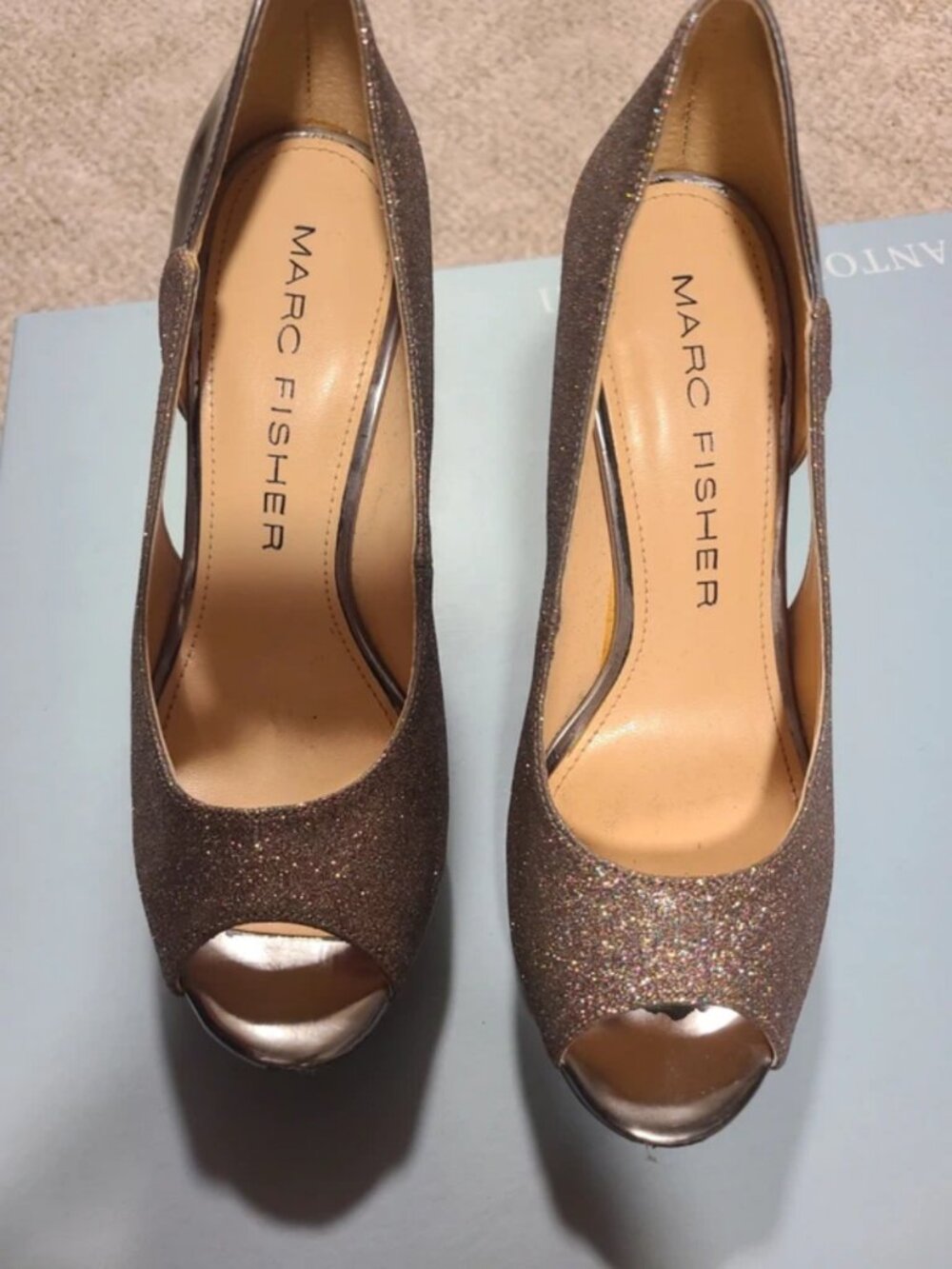 Marc Fisher Silver Glitter Peep-Toe Platform Pumps